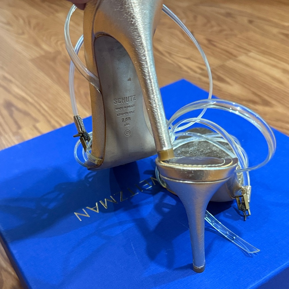 Stuart Weitzman Metallic Gold Heels with Clear Straps - Picture 3 of 3